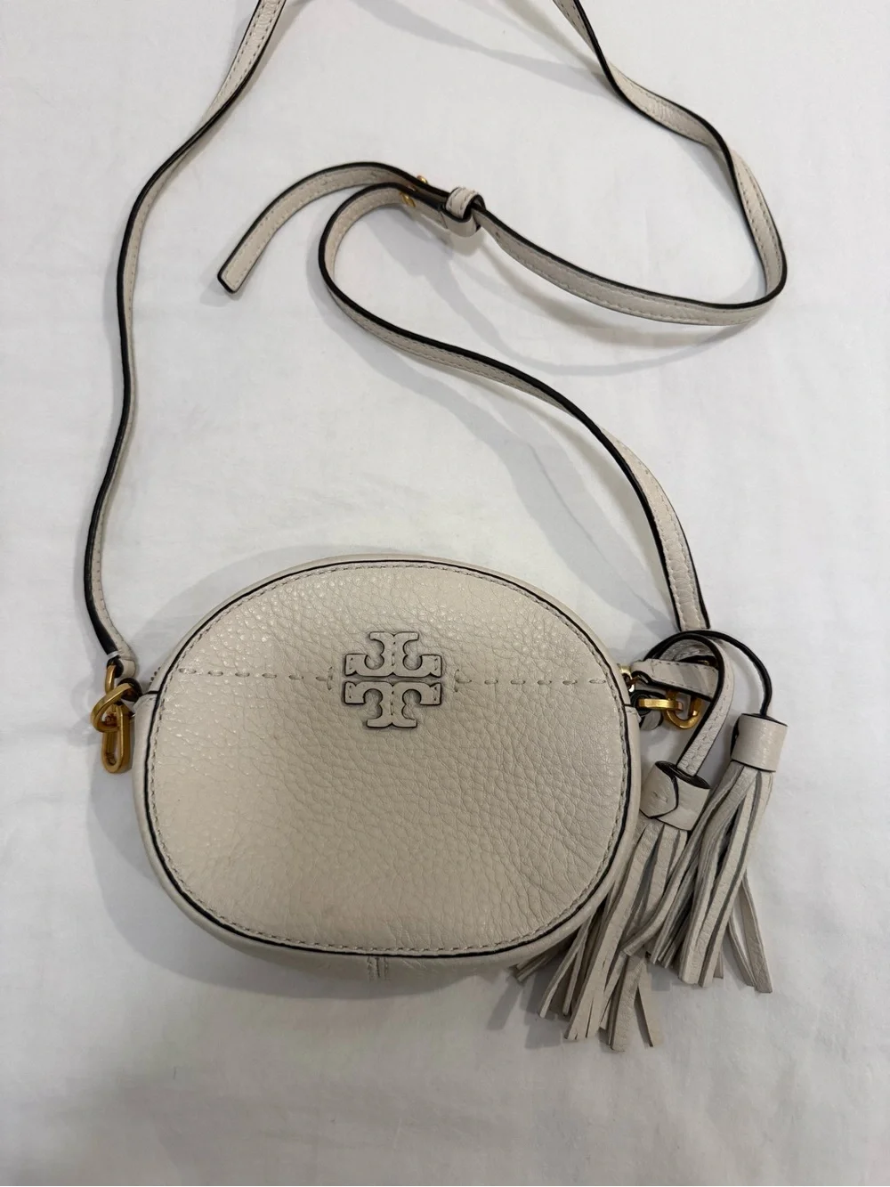 Tory Burch Pebbled Leather Crossbody in Light Cream with Tassel